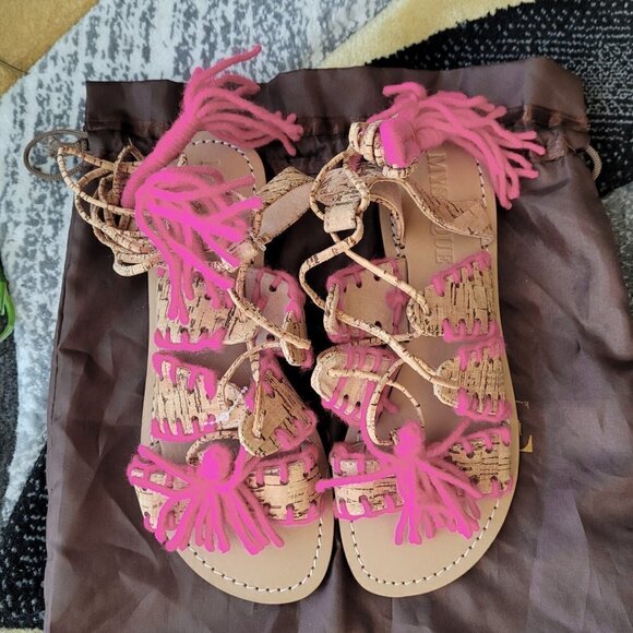 NWT Mystique Gladiator Cork Fuchsia Boho Chic Leather Footbed Wrap Sandals - Picture 6 of 8